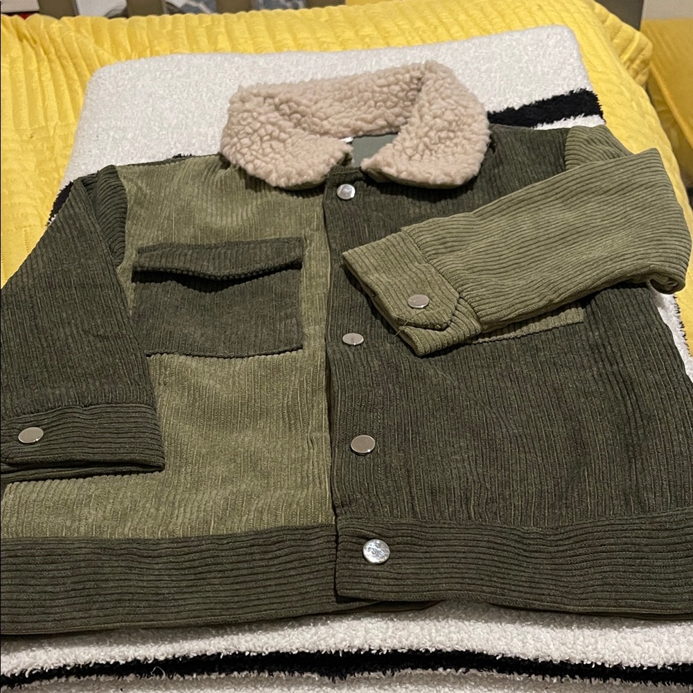 Kids Olive Green Corduroy Jacket with Cream Sherpa Collar